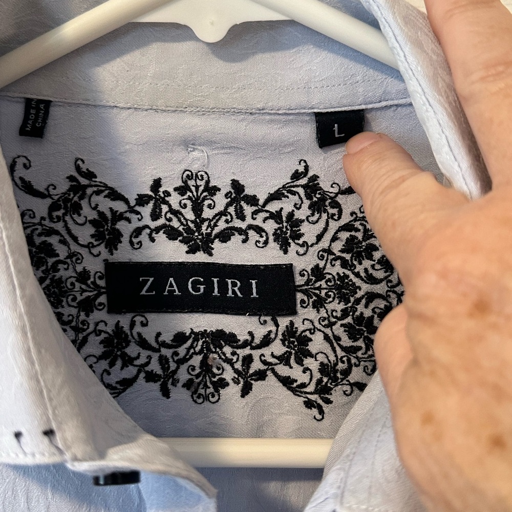 Zagiri Mens Long Sleeve Button Up Shirt Light Blue Patterned With Flip Cuff Sz L - Picture 5 of 5